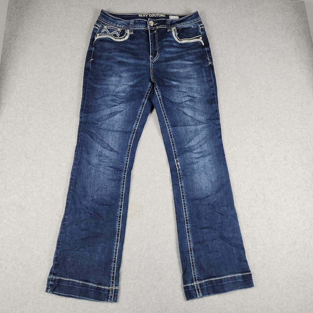 Sexy Couture Bootcut Jeans Womens 13 Blue Denim Whiskered Boho Contrast Stitch
